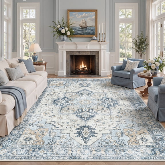 KUETH Modern 8x10 Area Rugs for Living Room, Non Slip Machine Washable Retro Rugs, Low Pile Chenille Print Rug for Bedroom, Dining Room, Home Office, Blue