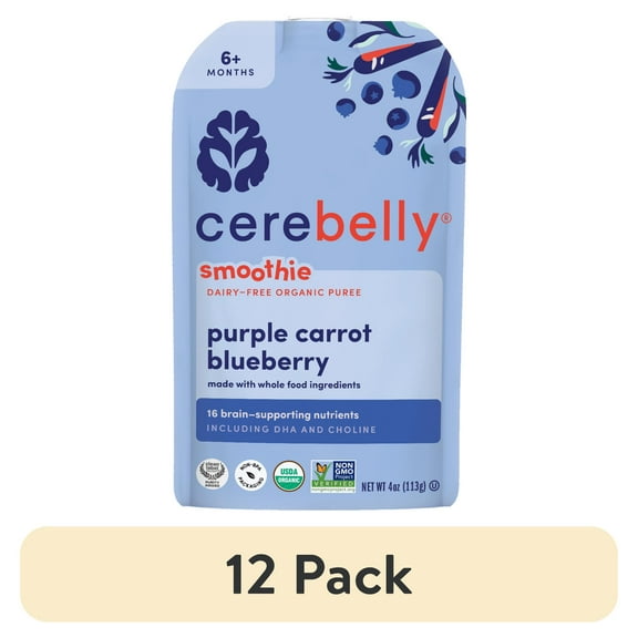 (12 pack) Cerebelly Organic Stage 2 Purple Carrot Blueberry Smoothie Baby Food, 4 oz Pouch