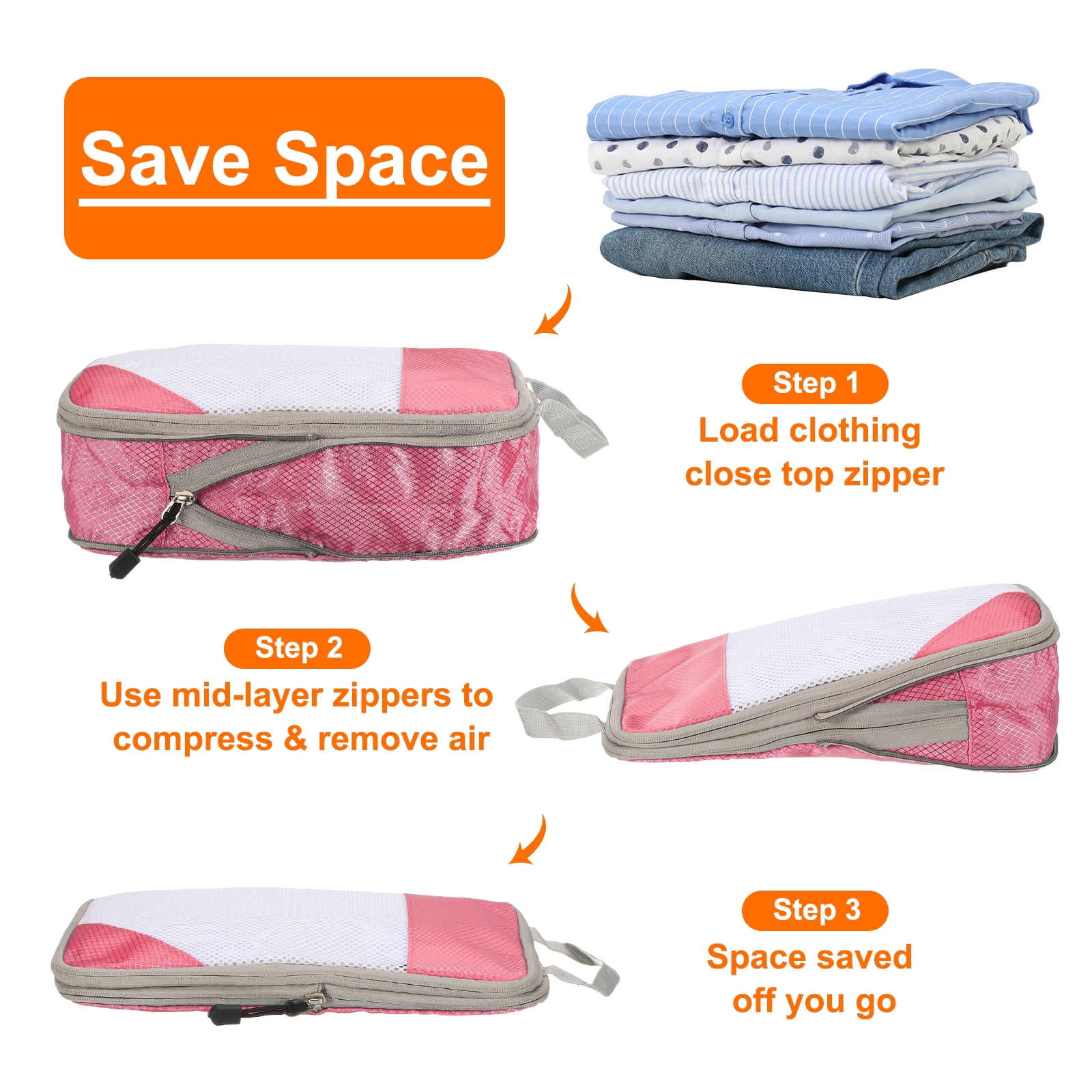 Uxcell 6pcs Compression Packing Cube for Suitcases Lightweight Travel Essentials Luggage Organizers Bags, Pink