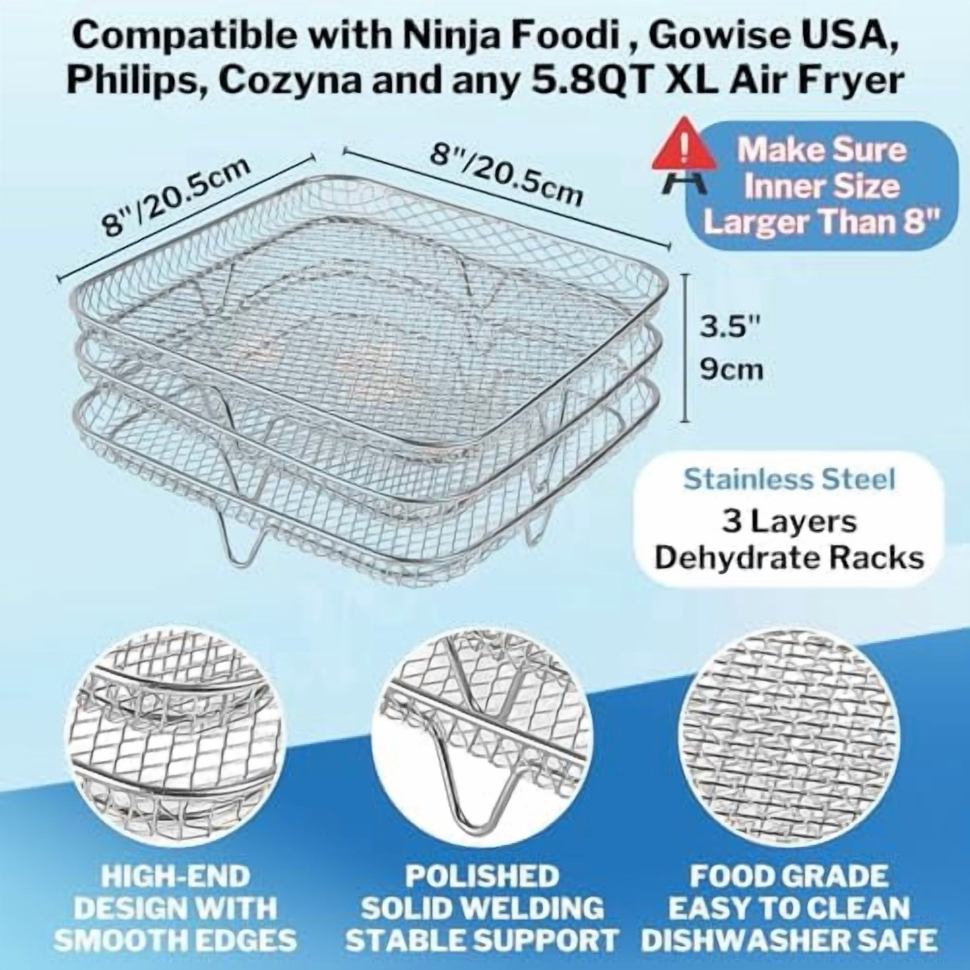 Air Fryer Accessories - 8" Square 3 Stackable Dehydrator Racks, 304 Stainless Steel, Fits 5.8 QT Air Fryer, Oven, Compatible with Cosori, Instant Vortex, Nuwave, Ninja Foodi Grill