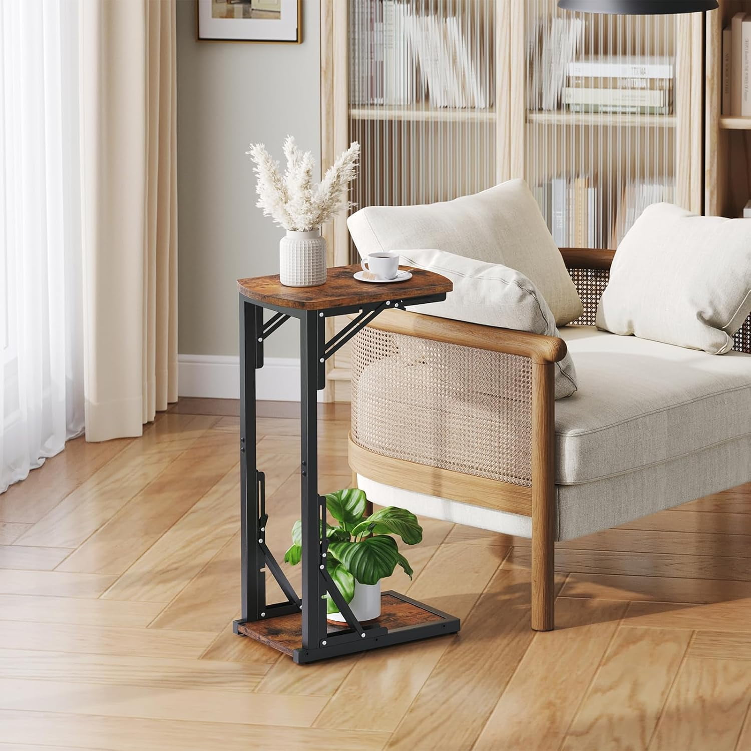 Folding C Shaped End Table, Adjustable Small Sofa Side Laptop Desk, Foldable Couch TV Tray Table for Small Spaces, Living Room, Bedroom, Rustic Brown ETHR4101
