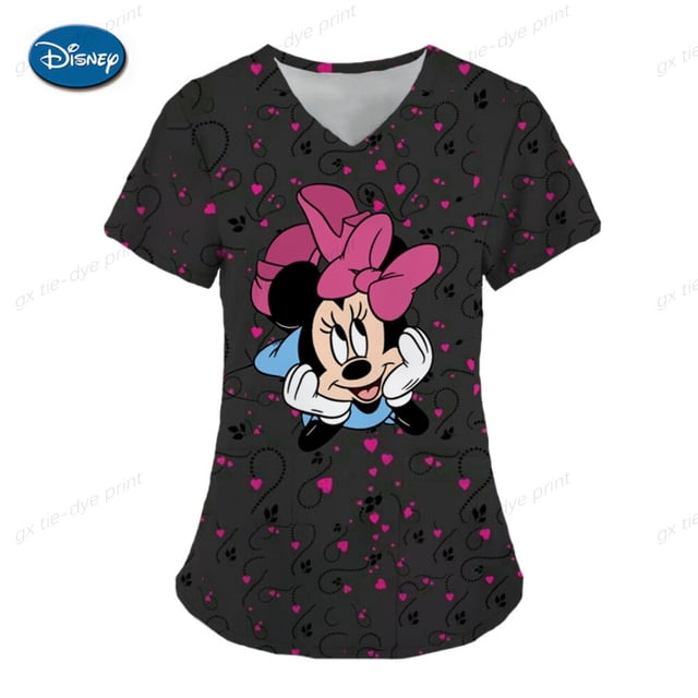 Woman Clothes Mickey T-shirts Hospital T-shirt Summer V Neck Tops Disney Top Women 2023 Pocket Minnie Mouse Nurse Uniform TeesS Gao Jinjia LED