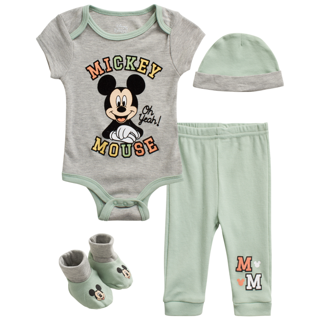 Disney Baby Boys’ 4 Piece Mickey Mouse Layette Set Hat, Booties, Pants, and Bodysuit (09M