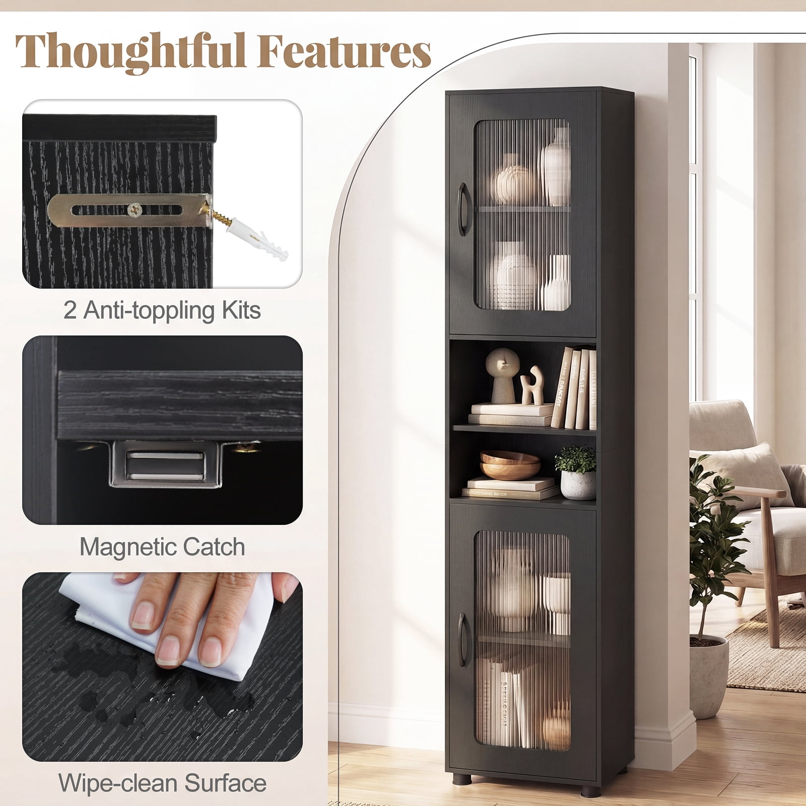 Giantex Tall Bathroom Storage Cabinet, Freestanding Storage Organizer w/Adjustable Shelf for Small Spaces, Black