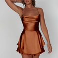 thumbnail image 4 of Riforla Women Summer Backless Short Romper Satin Mini Dress Cowl Neck Tie-Up Spaghetti Strap Jumpsuits Party Clubwear Dresses for Women Brown S, 4 of 6