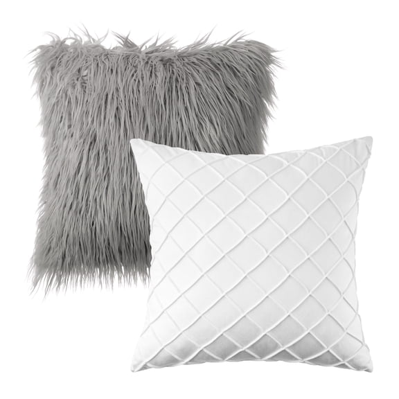 Phantoscope Designer's Choice Decorative Throw Pillow Set, Fluffy Faux Fur & Pleated Velvet Bundle, for Sofa Couch Bedroom, 18" x 18", Dark Gray Fur and Off White Velvet, 2 Pack