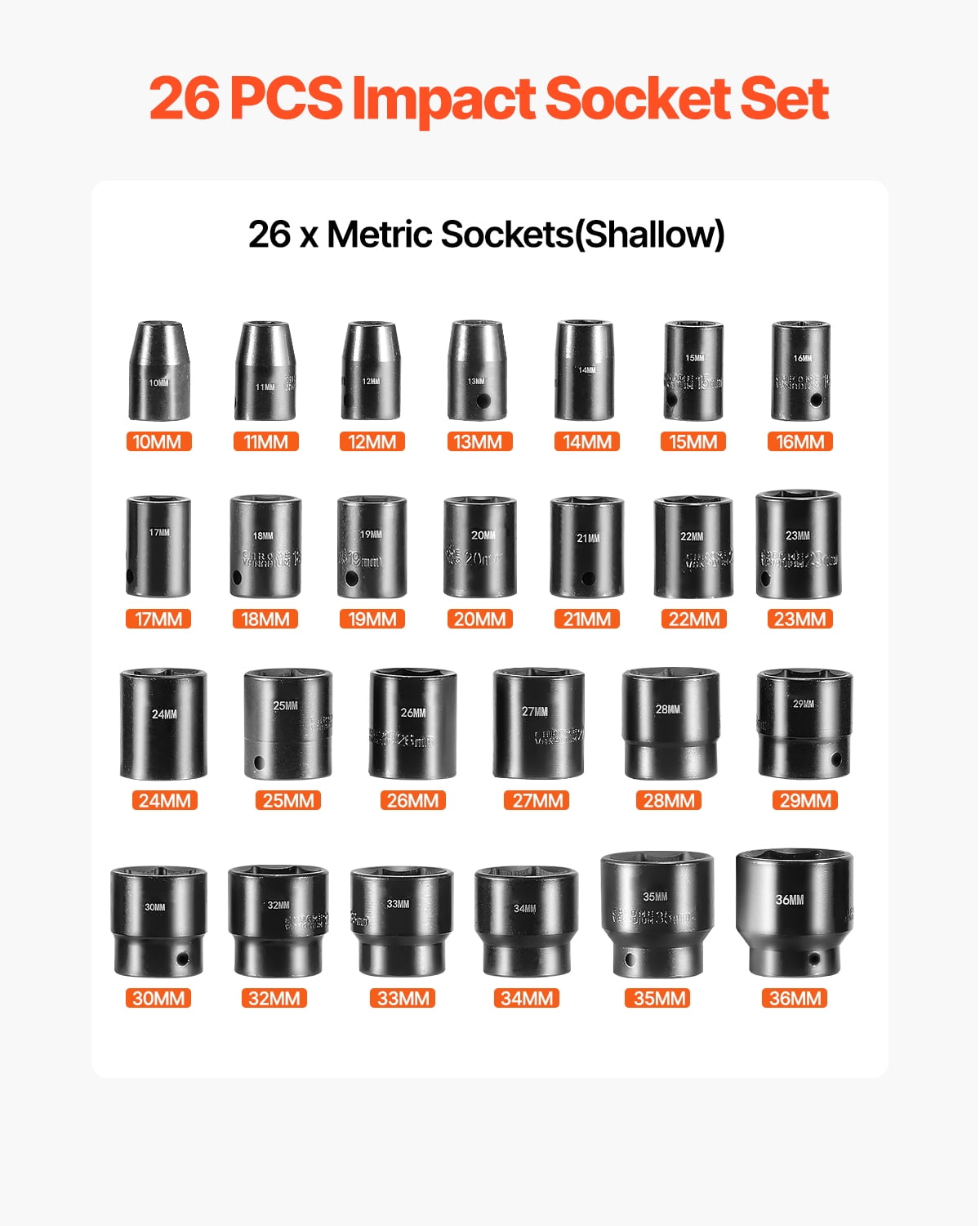 KFFKFF 26-Piece 1/2-Inch Drive Impact Socket Set, 6-Point Shallow Sockets, Durable CR-V Construction, Metric Sizes 10mm-36mm, Includes Storage Case