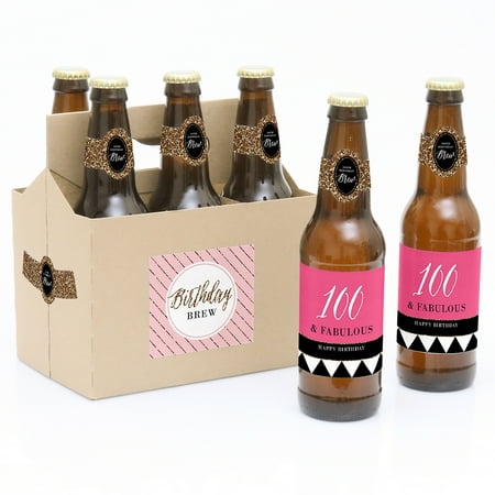 Label Carrier - Chic 100th Birthday - 6 Birthday Party Beer Bottle Labels with 1 Beer Carrier