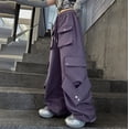 thumbnail image 4 of CPNG Girls Casual Baggy Cargo Pants Multi-Pocket Straight Wide Leg Drawstring Pants Loose Elastic Waist Fashion Cargo Trousers(Purple,14-15 Years), 4 of 7