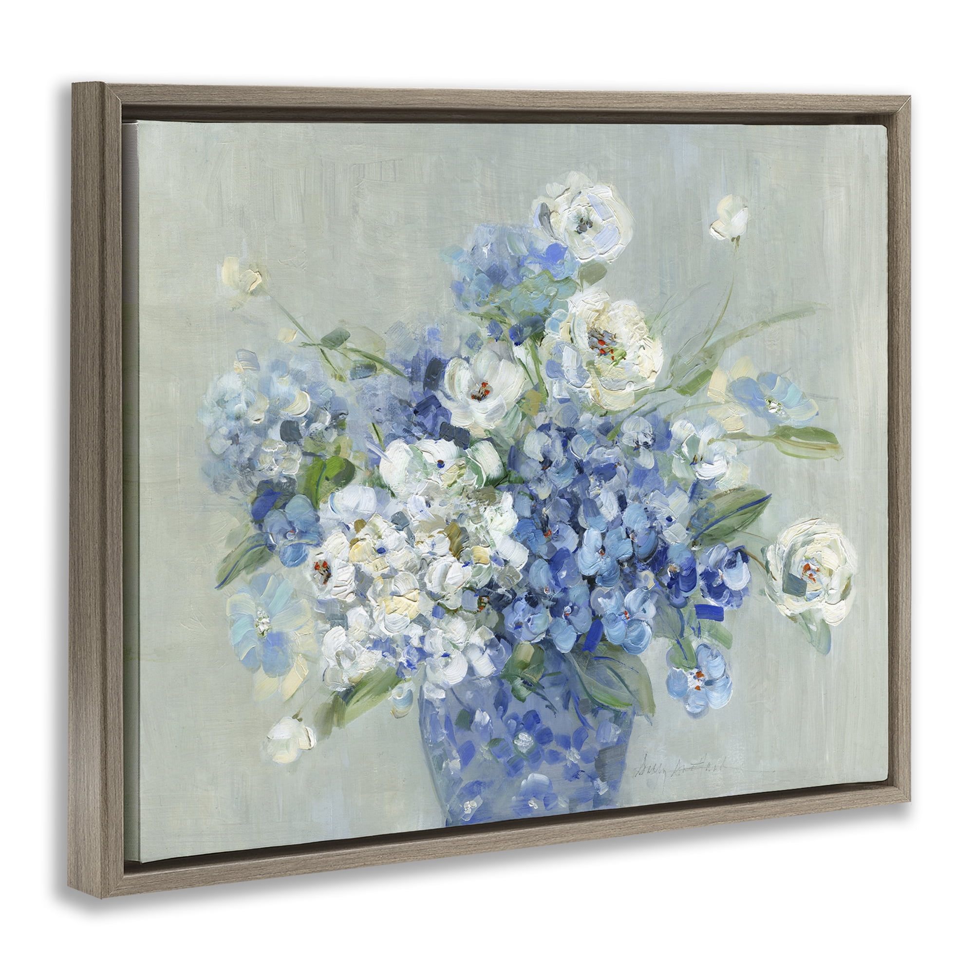Stupell Industries Serene Blue And White Bouquet Brown Framed Floater Canvas Wall Art, design by Sally Swatland