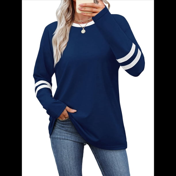 Camisas de Larga para Mujer, Blusas Casuales con Bloques de Color, Conjuntos de Otoño, Camisetas Básicas, Ropa de Moda Azul Marino XL