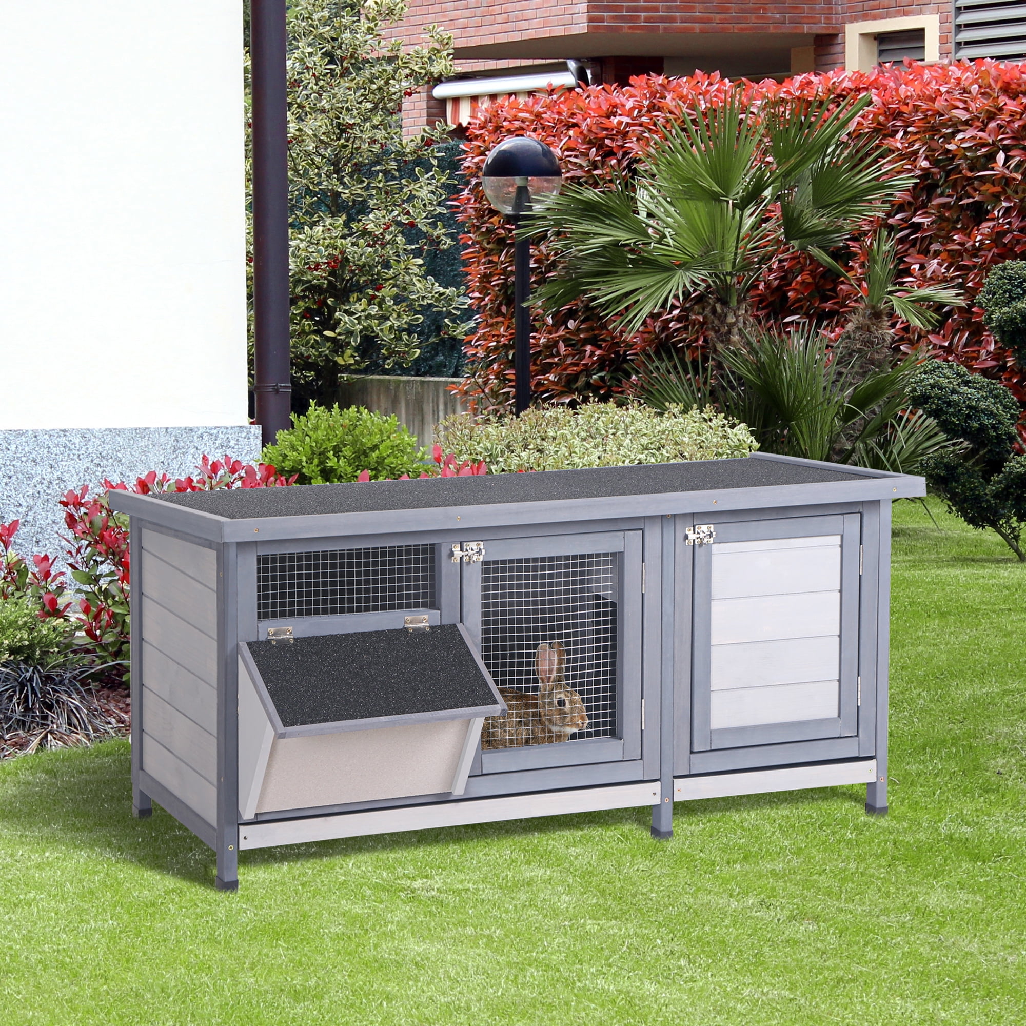 Pet Playpen PawHut Wooden Rabbit Hutch Bunny Hutch Cage Guinea Pig with Waterproof Roof, No Leak Tray and Feeding Trough, Indoor/Outdoor, Gray,Guinea Pig Cage