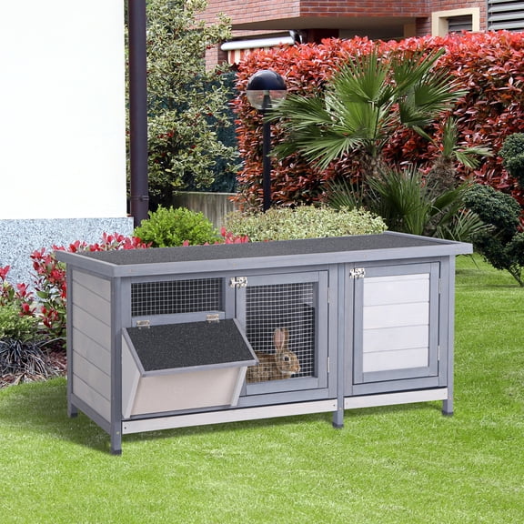 Wooden Rabbit Hutch, Bunny Cage, Guinea Pig with Waterproof Roof, No Leak Tray, Feeding Trough, Indoor/Outdoor, Gray