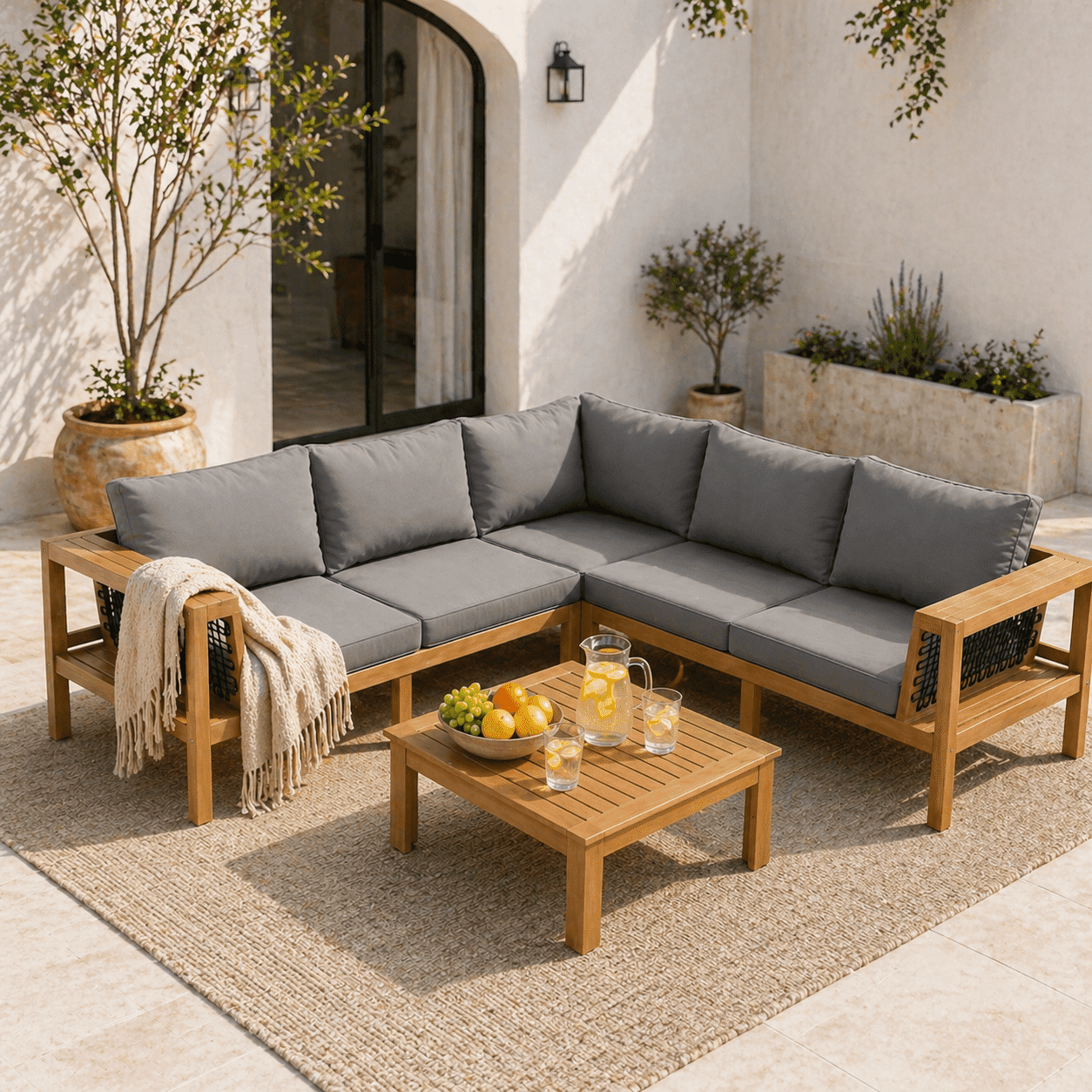 YIORTWO 4-Piece Outdoor Acacia Wood Sofa Set, L-Shaped Patio Conversation Set with Woven Armrests, Coffee Table, Gray Cushions & Teak Finish, 396lbs Capacity