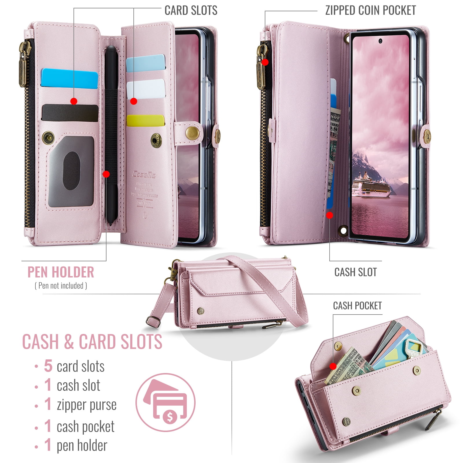 Asuwish Compatible with Samsung Galaxy Z Fold 7 5G 2025 Zipper Wallet Phone Case With pen slot Crossbody Lanyard Strap Flip Card Holder Slot Cell Cover for ZFold7 Z7 G Fold7 7Z Women Girls Rose Gold