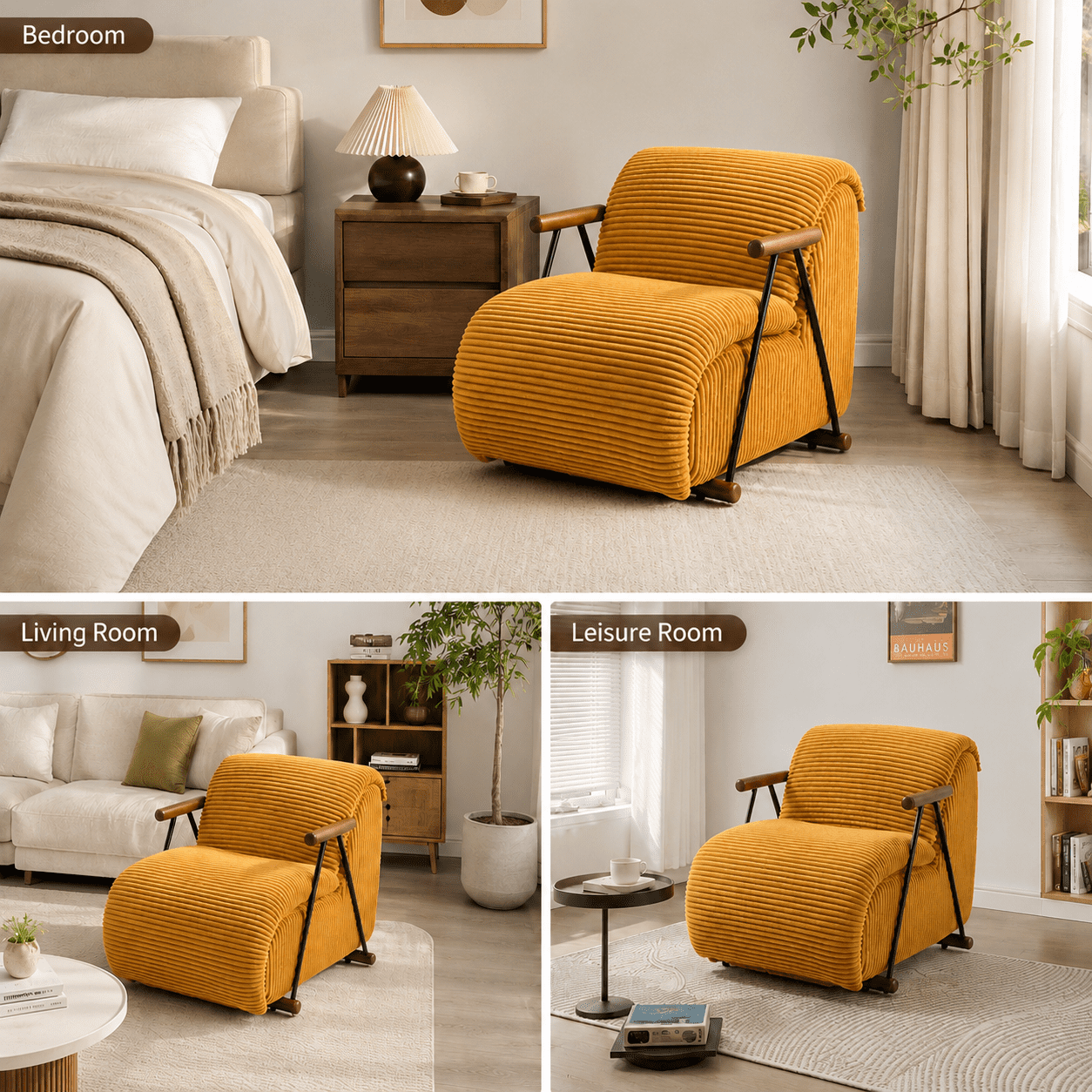 MOONMISS Corduroy Accent Chair, Upholstered Lounge Armchair with Solid Wood Armrests & Minimalist Metal Frame for Living Room, Bedroom,Yellow