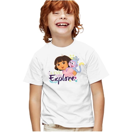 Popfunk Dora The Explorer Live, Learn, Explore Kids T Shirt for Youth Boys and Girls, White, Small