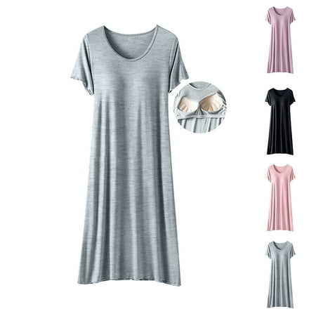 NANAIQ Women s Summer Round Neck Sleep Dress with Built-in Bra Cool & Breathable Nightgown for Lounge  Sleepwear & Home Comfort | Sexy Pajama Dress & Lingerie Short Sleeve Dress Gray M
