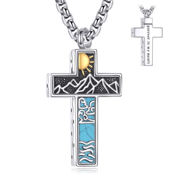 Urn Necklace for Ashes s925 Sterling Silver Cross Urn Cremation Pendant Necklace for Humen Pet Turquoise Cremation Memorial Jewelry Keepsake Gifts for Men Women