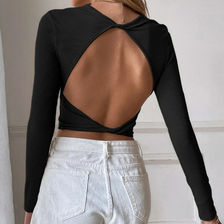PMUYBHF Backless Top with Built in Bra Plus Size Womens Backless Casual  Cropped Slim Long Sleeve T Shirt Top Womens Fashion Women Plus Size Tops  3/4