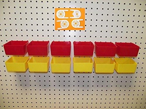 JSP Manufacturing 16 PACK 1/4' Hole Peg Board Workbench Bin Organizers (6) Red bins & (6) Yellow bins Plastic Plus (4) Tool Holders Fits Wooden Pegboards (Pegboard Not Included)