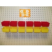 JSP Manufacturing 16 PACK 1/4" HOLE Peg Board Workbench Bins (6) Red bins & (6) Yellow bins PLASTIC Plus (4) Tool holders FITS WOODEN PEGBOARDS (PEGBOARD NOT INCLUDED)
