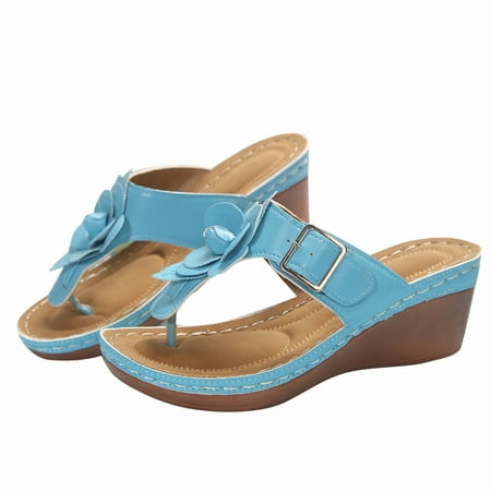 NOKIO Classic Women S Thong Sandals Ladies Fashion Retro Solid Leather Flower Decorative Open Toe Thick Sole Sandals