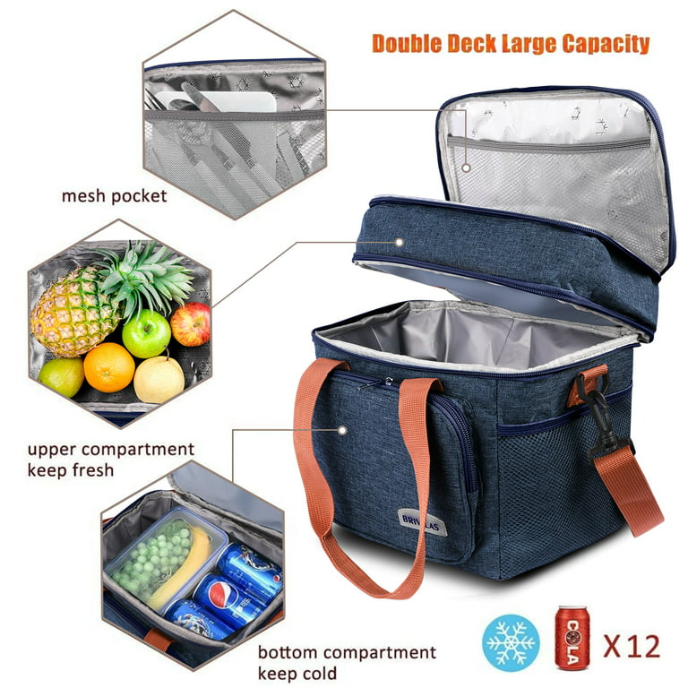 Insulated Lunch Bag for Women Men Double Deck Lunch Box, Reusable Leakproof Lunch Box Cooler Tote Bag for Work Picnic School or Travel, Double