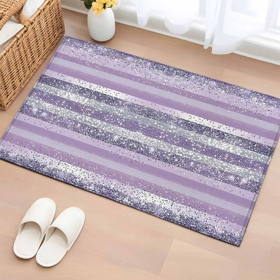 Purple Striped Bathroom Rug Washable 2x3 Entryway Rug Non Slip Monochrome Silverygeometric Lines Dots Front Door Mat Low Pile Indoor Doormat Throw Floor Carpet for Kitchen Bedroom Entrance