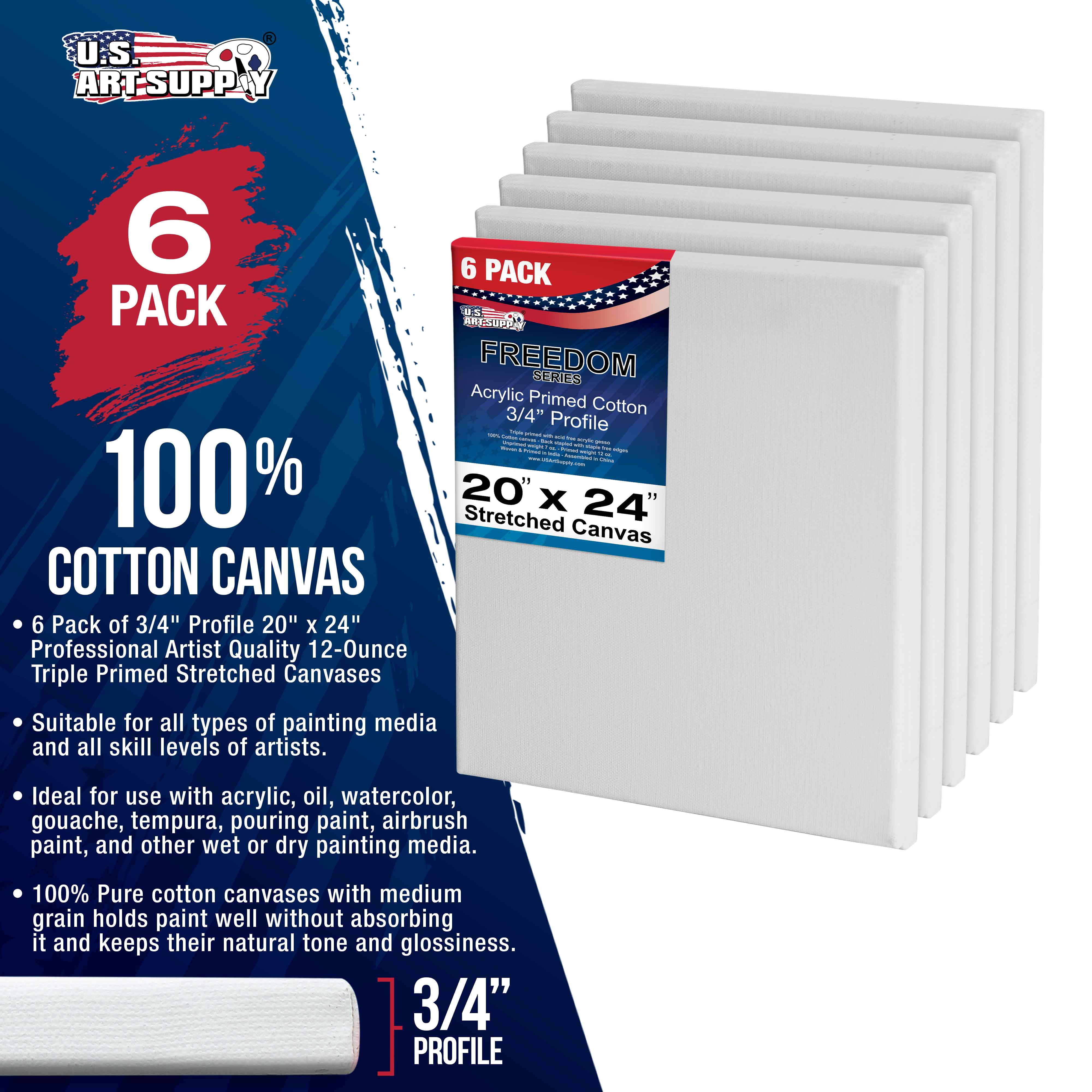 U.S. Art Supply 20 x 24 inch Stretched Canvas 12-Ounce Triple Primed, 6-Pack - Professional Artist Quality White Blank 3/4" Profile, 100% Cotton, Heavy-Weight Gesso - Acrylic Pouring, Oil Painting