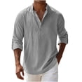 thumbnail image 4 of IROINNID Men Solid Slub Linen Blend Mandarin Collar Half Button Henley Shirt Roll Tab Adjustable Long Sleeve Loose Breathable Casual Vacation Pullover Top(Gray,4XL) Blouses & Tops, 4 of 9