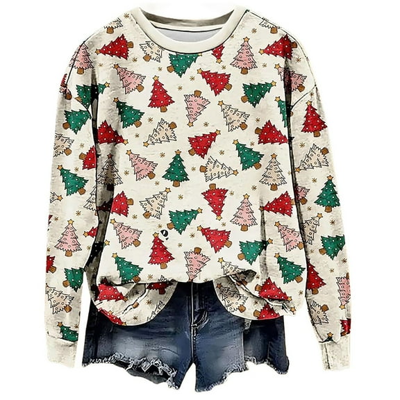 Christmas Women's Sweatshirts Merry Xmas Graphic Printed Sweaters Long Sleeve Crew Neck Blouses Casual Funny Holiday Shirts Pullover Top