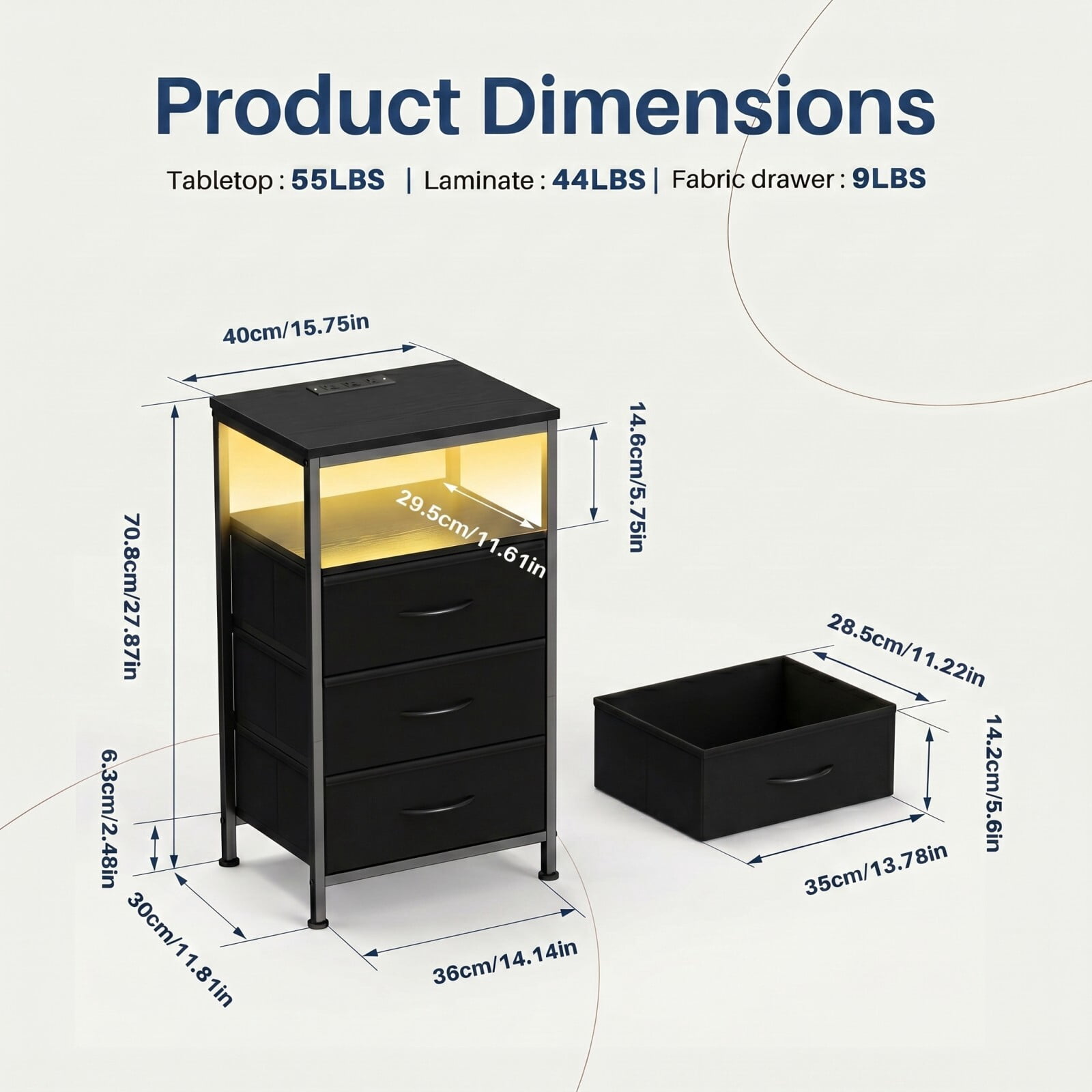 Kelno 3-Drawer Nightstand with Charging Station AC Outlets LED Light Dresser Bedside Table, Black