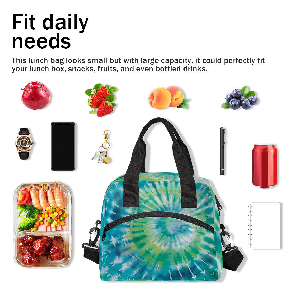 Herdesigns Tie Dye Blue Green Insulated Lunch Bag for Women Men Adults Large Reusable Lunch Box Leakproof Portable Cooler Tote Bags with Adjustable Shoulder Strap