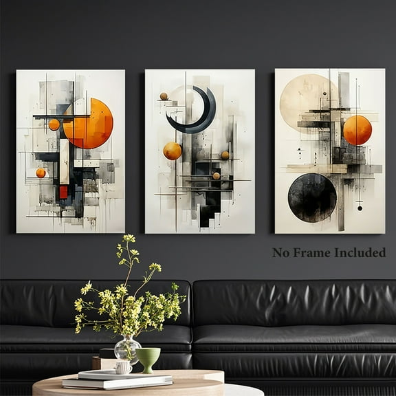 3pcs Modern Minimalist Canvas Art Prints - Frameless, Abstract Geometric Design in Black, White, Orange & Beige, Perfect for Home, Office, or Cafe Wall Decor, Ideal Father'S Day Gift, Office Artwork