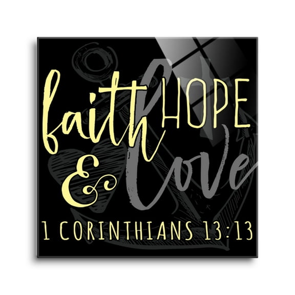 Faith Hope Love Slate Grey Anchor Heart 24 x 24 Glass Wall Hanging Sign