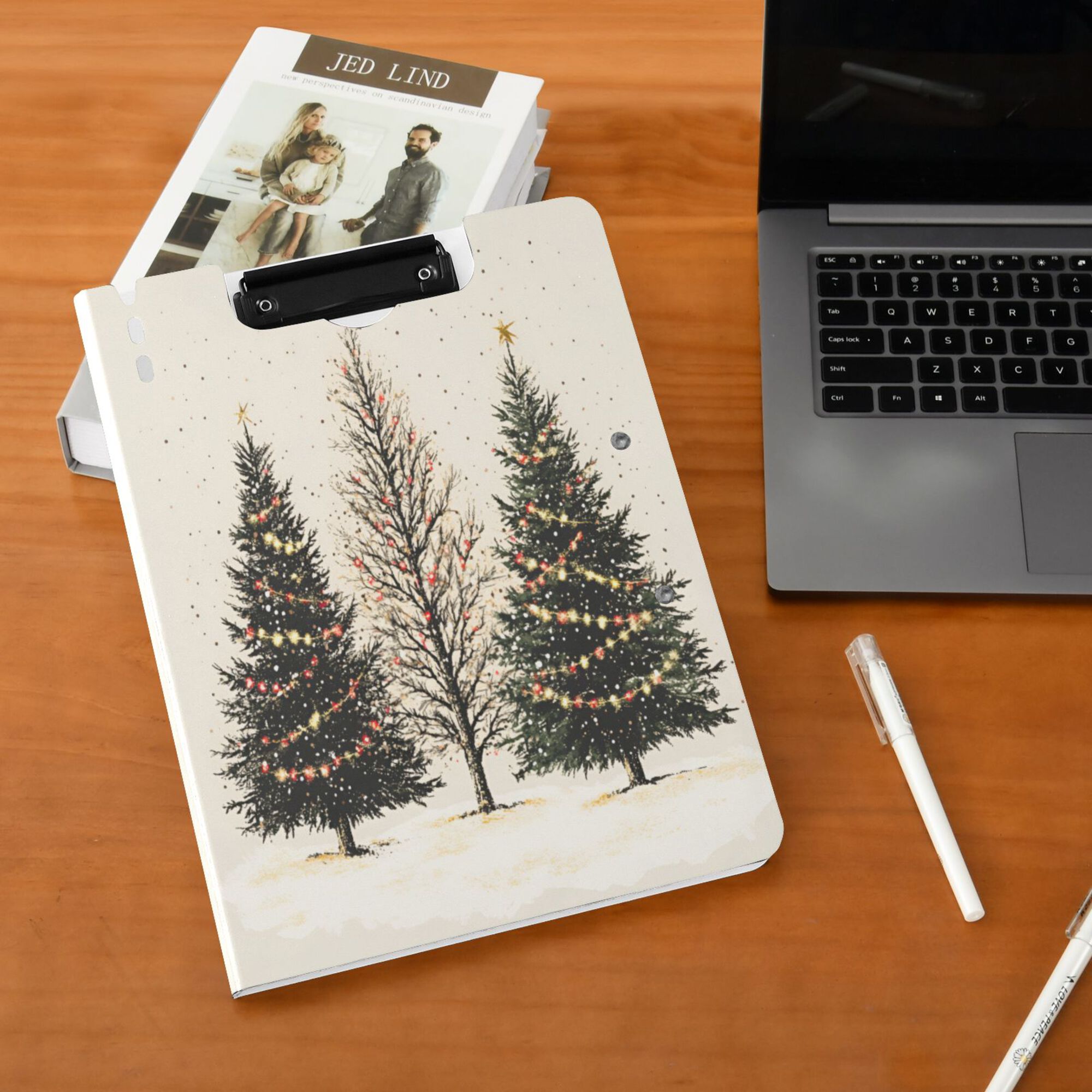 FORMRS A4 Clipboard Folder with Pen Holder Horizontal Foldable School Office Binder, Hand Drawn Christmas Stars