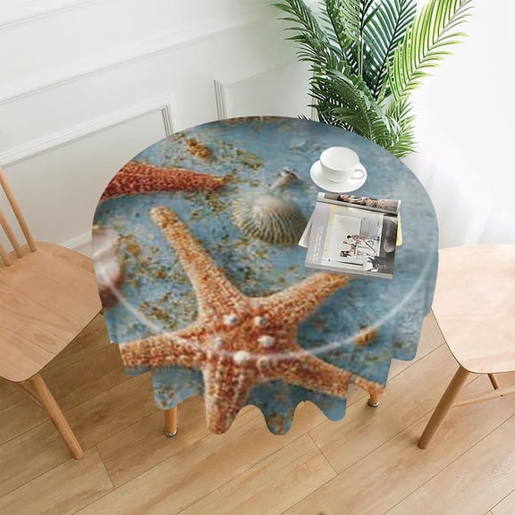 RKSupls 60 Inch Round Tablecloth, Starfish Seashells Beach Premium Polyester Straight Edge Wrinkle Resistant Washable Table Cover for Party Home Dining Decor