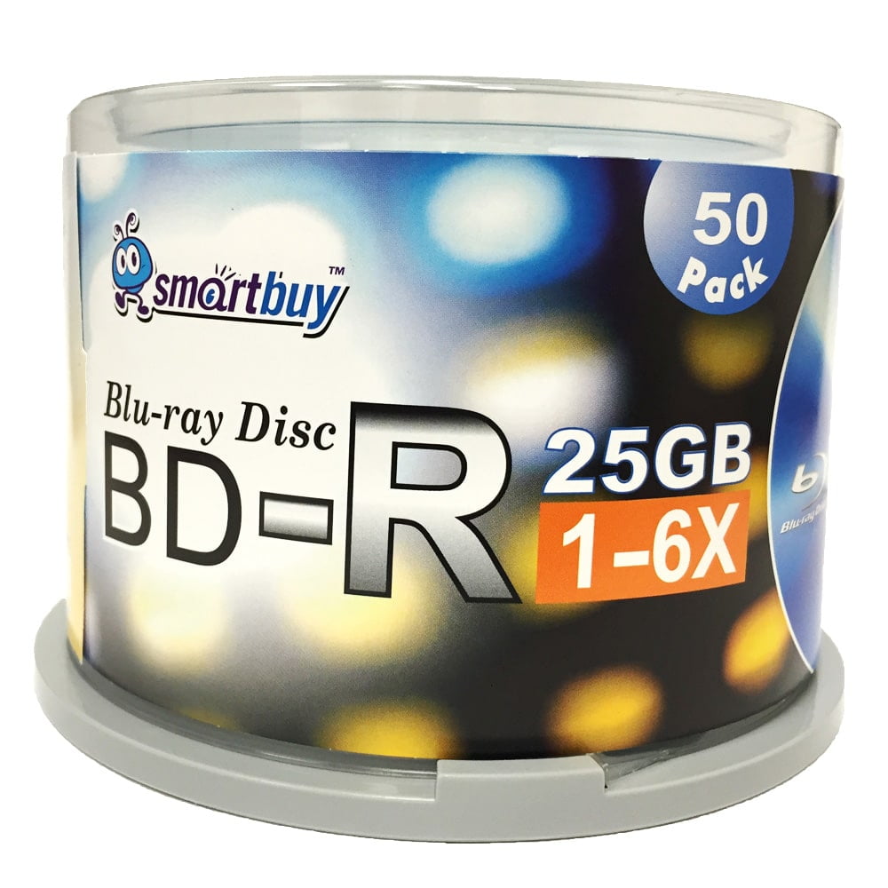 smartbuy 50 pack bd-r 25gb 6x blu-ray single layer recordable disc logo top blank data video media 50 disc spindle
