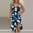 thumbnail image 1 of ICHUANYI Clearance Women Sexy V-Neck Sleeveless Ruffle Low-cut Splicing Printing Slit Sling Dresses(Navy, M) ICHUANYI WER2023081114923, 1 of 5