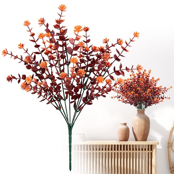 1 Stem Artificial Camellia with Eucalyptus Leaves, 7 Branch Faux Silk Camellia Flower Greenery Spray for Home Wedding Vase Decor, 36cm, Clearance Deep Autumn Red