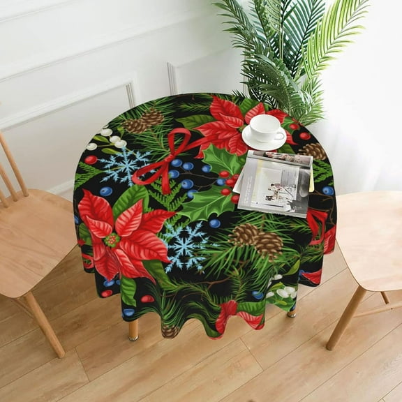 Merry Christmas Tablecloth, Snowflakes Tablecloth, Christmas Day Tablecloth Seasonal Dining-Table Cover, 60 inch Round for Home Party Picnic