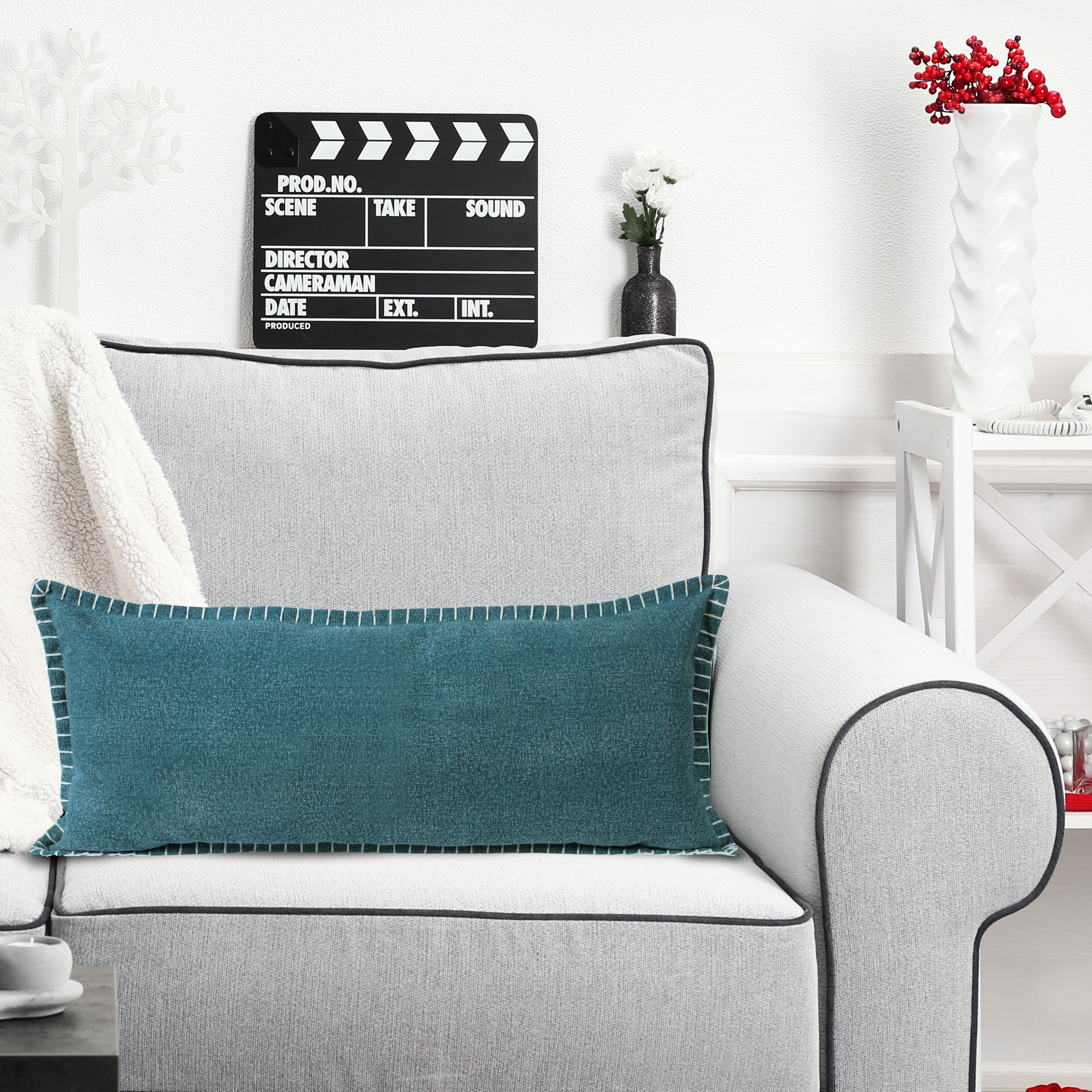 Ox Bay Wilma 14" x 36" Emerald Green Stitch Bordered Cotton Adult Decorative Throw Pillow
