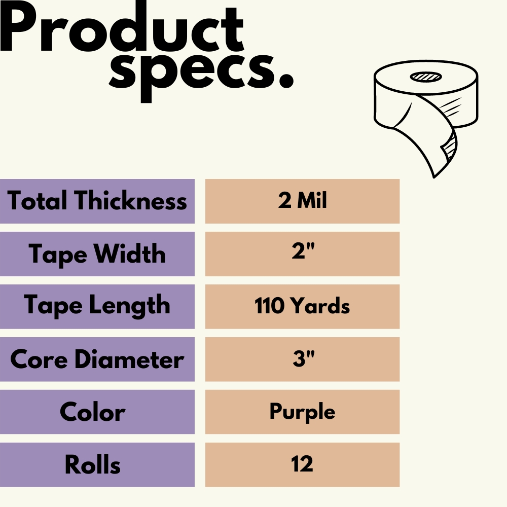 Shield Tape 12 Rolls - 2 Mil - Colored Packing Sealing Adhesive Tape Convenient, Product Coding, Dating Inventory, Purple, 2" x 110 Yards, 3" Core