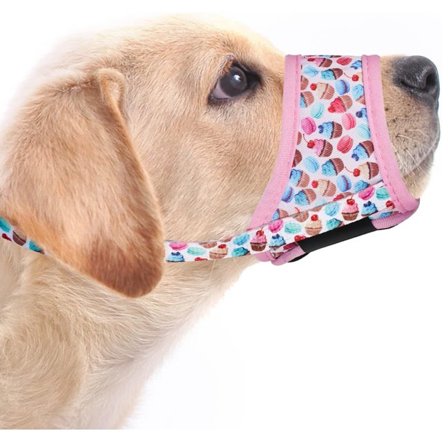 GFDYREE Dog Muzzle, Soft Dog Muzzles for Small Medium Large Dogs, Breathable Printed Muzzles with Adjustable Strap to Stop Biting and Chewing, Allows Panting and Drinking (Cake, XL-(Snout 8¾