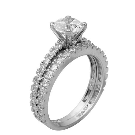 - 2.50 Ct 14K Real White Gold Round Cut with Pave Set Side Stones Matching Band 4 Prong Cathedral Setting Engagement Wedding Propose Promise Ring Duo 2 Ring Set