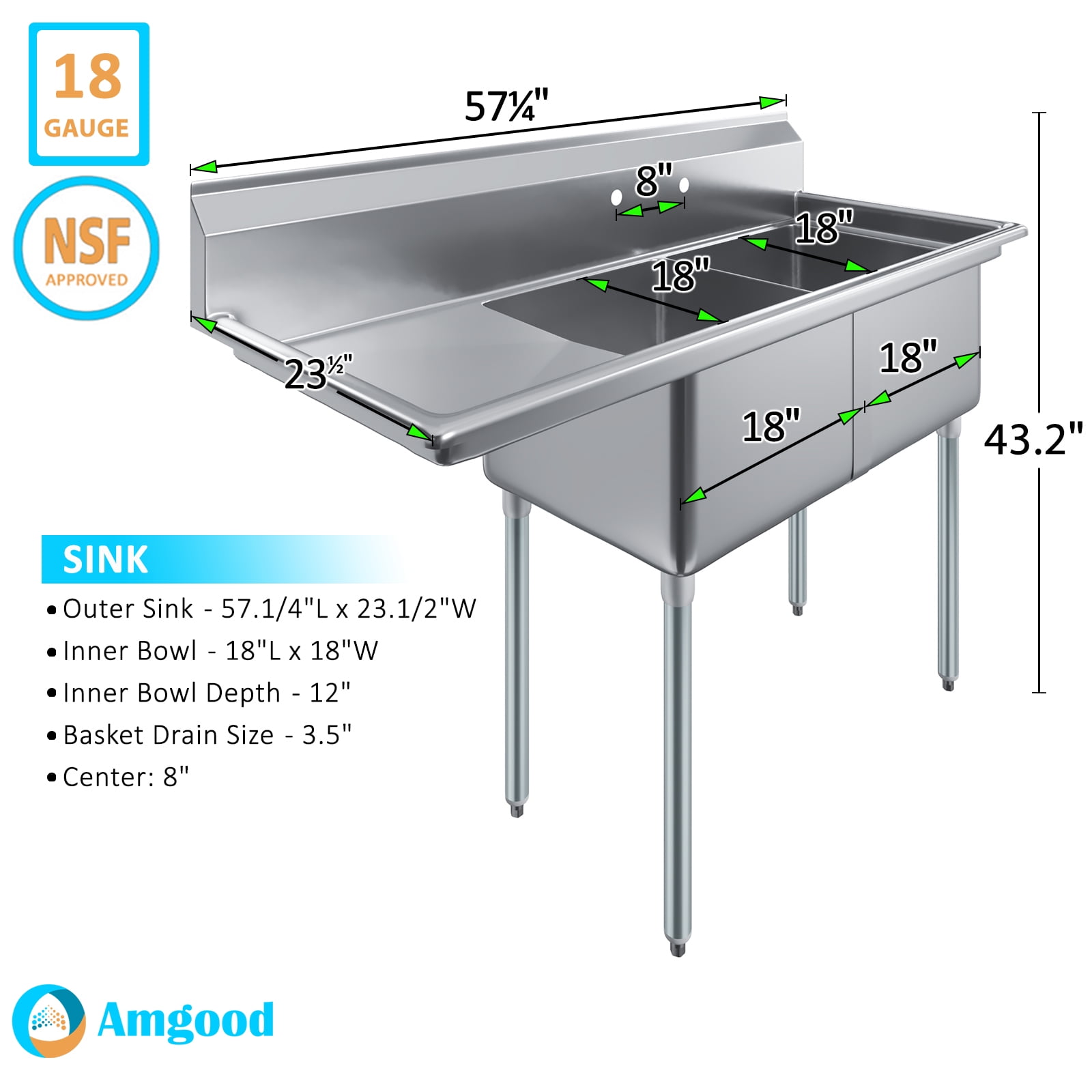 18″ x 18″ x 12″ with 18″ Left Drainboard Two Compartment Stainless Steel Commercial Kitchen Prep & Utility Sink | NSF