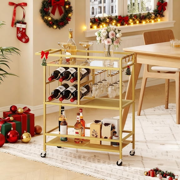 Gold Bar Cart for Home, 3-Tier Serving Cart with Wheels and Handle, Beverage Cart with Wine Rack and Glass Holders, Rolling Wine Cart for Kitchen Dining Room