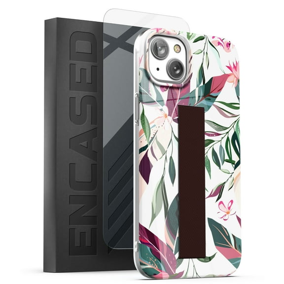 Encased Finger Loop Case Designed for iPhone 14 with Hand Strap Grip - Screen Protector Included (Floral Vines)