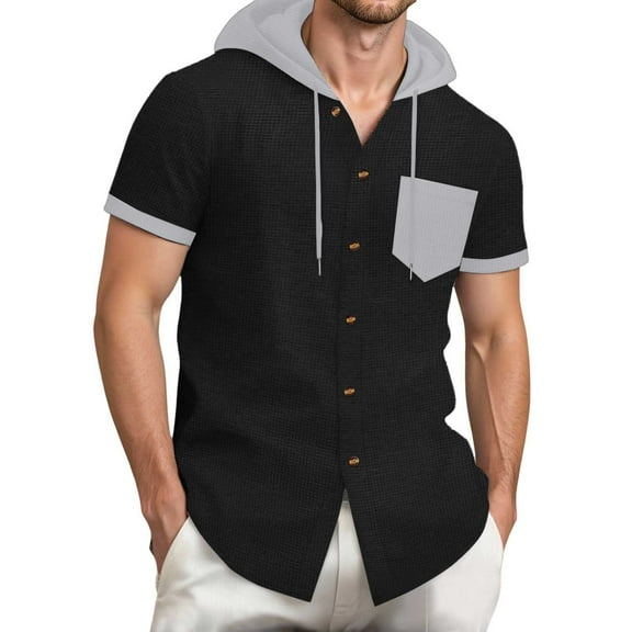 Bcfgryg Stylish Men's Shirts For Casual Wear Hooded Button Up Shirt With Color Block Design Summer For Everyday Comfort And Versatility Men's Casual Shirts